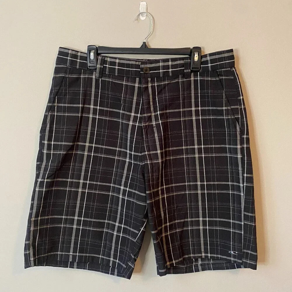 O'Neill Men's Size 36 10" Flat Front Plaid Black/White Chino Shorts Casual Beach
